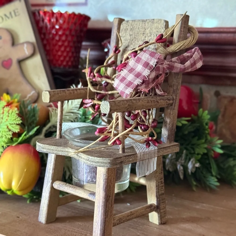 1994 Rustic Wooden Holiday Tealight Chair with Red Berry Garland